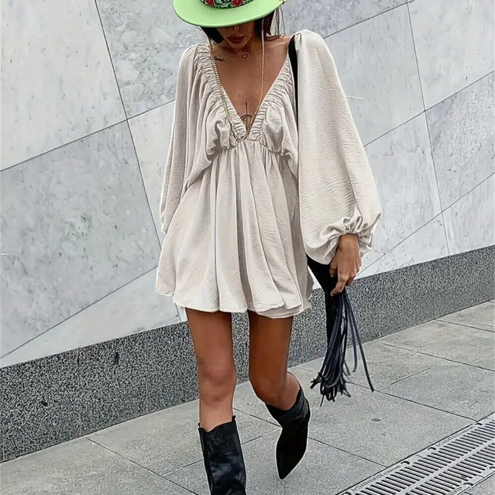 Apricot Sexy Women's Solid Color V-Neck Lantern Sleeve Dress - Picture 1 of 3